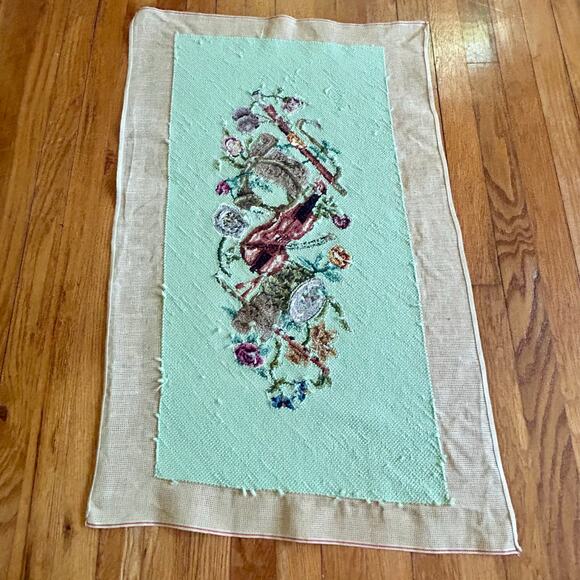 Vintage Finished Needlepoint with Music Violin and Floral Garland Design - Picture 1 of 11